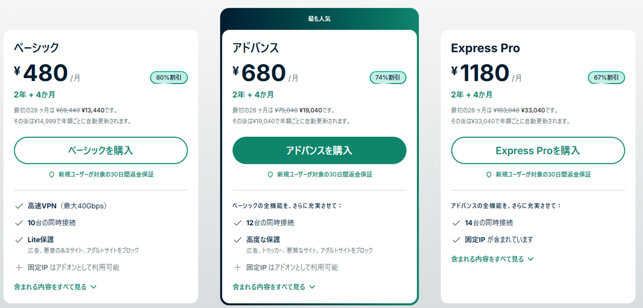 ExpressVPNのプランの選択画面